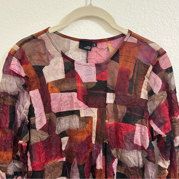 Lisa Bayne Semi-Sheer Crinkle Tunic Top Women's Large Geometric Asymmetric Hem - Picture 2 of 9